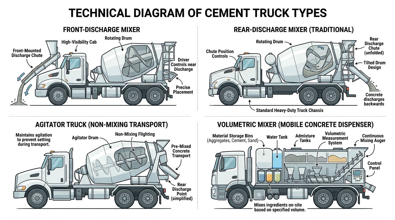 Cement truck configurations: front-discharge, rear-discharge, agitator, volumetric