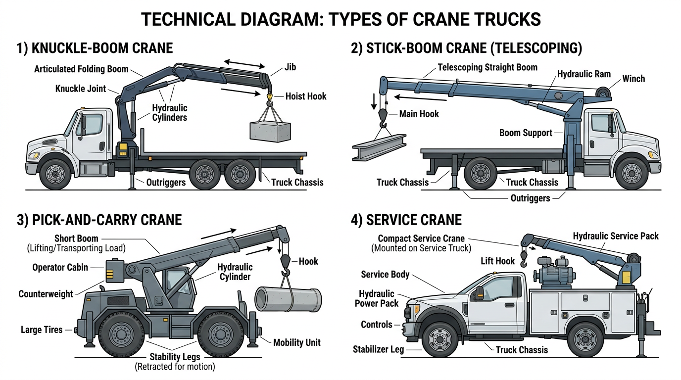 Crane truck configurations: knuckle-boom, stick-boom, pick-and-carry, service crane