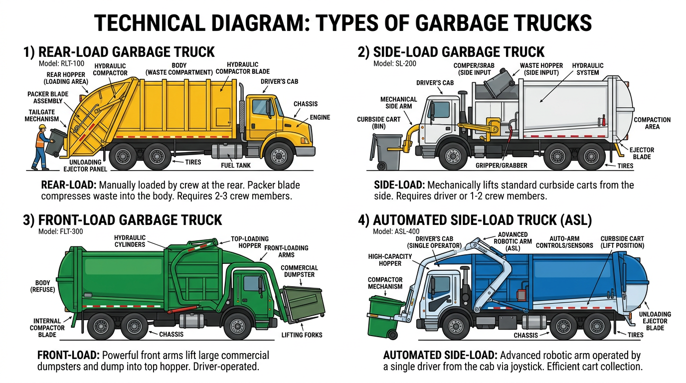 Garbage truck configurations: rear-load, side-load, front-load, automated side-load