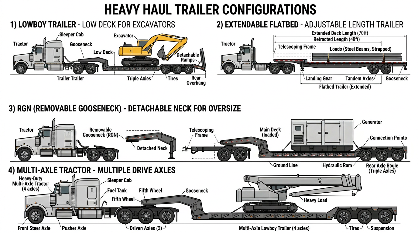 Heavy haul configurations: lowboy, extendable flatbed, RGN, multi-axle tractor
