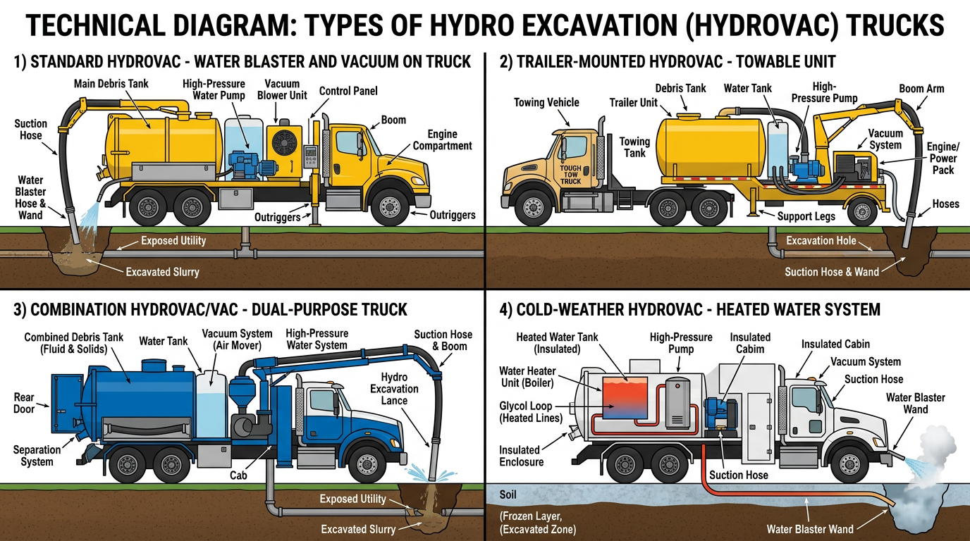 Hydro excavation truck configurations: standard, trailer-mounted, combination, cold-weather