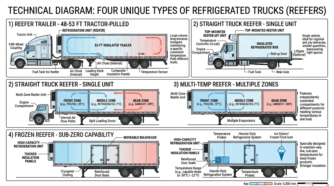 Refrigerated truck configurations: reefer trailer, straight truck, multi-temp, frozen