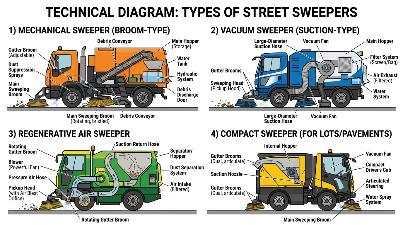 Street sweeper configurations: mechanical, vacuum, regenerative air, compact