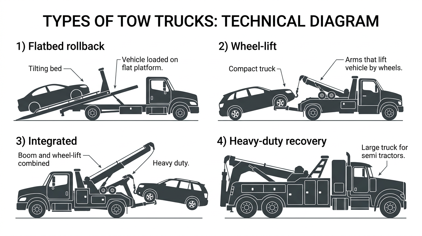 Tow truck configurations: flatbed, wheel-lift, integrated, heavy-duty recovery